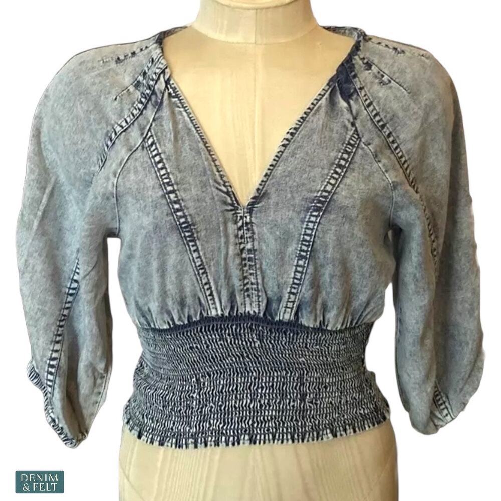 NEW Zenana Acid Wash Smocked Waist Puff Sleeve Denim Style Crop Top Modern Boho‎ - Picture 13 of 16
